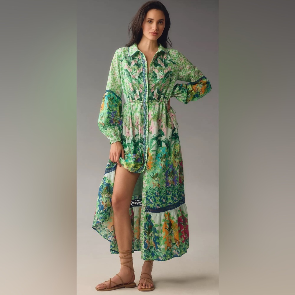 Anthropologie Eleanora Long Sleeve Maxi Shirt Dress Green Tropical Print XL NWT - Picture 3 of 4